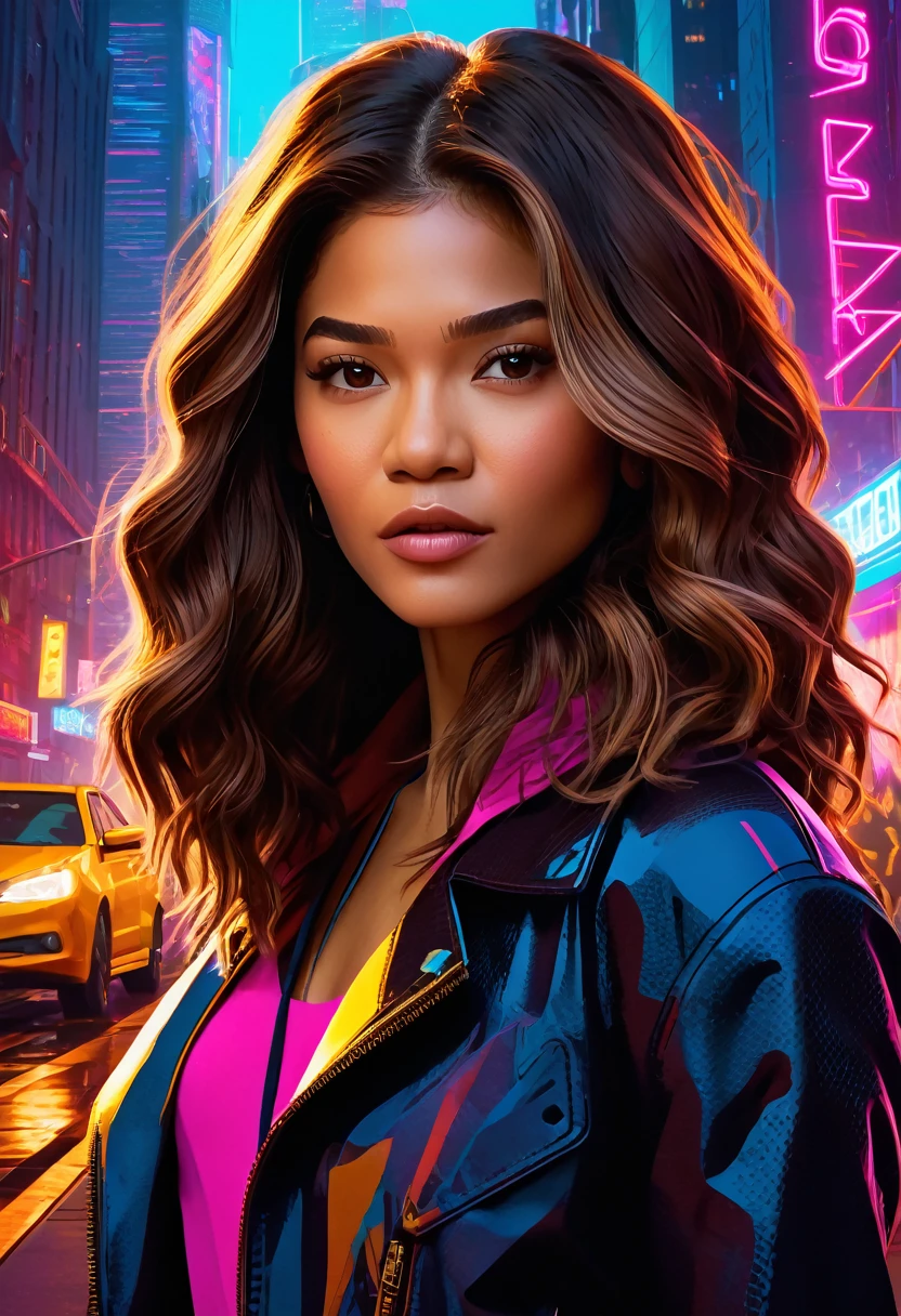 (Masterpiece artwork, 8K, uhd, high resolution: 1.4), vibrant portrait of Zendaya in Spider-Verse art style, (stylized and dynamic features: 1.3), (long and wavy hair, brown color: 1.2), (expressive and lively eyes: 1.3), (wearing modern and stylish clothes with a futuristic touch: 1.2), (confident and adventurous pose: 1.3), (comic animation elements, with hand-drawn textures and shadows: 1.2), (urban background with skyscrapers and neon lights: 1.1), (energetic and vibrant atmosphere: 1.3), intricate and colorful details, (fantasy and action elements: 1.2), (dynamic and captivating perspective: 1.3)