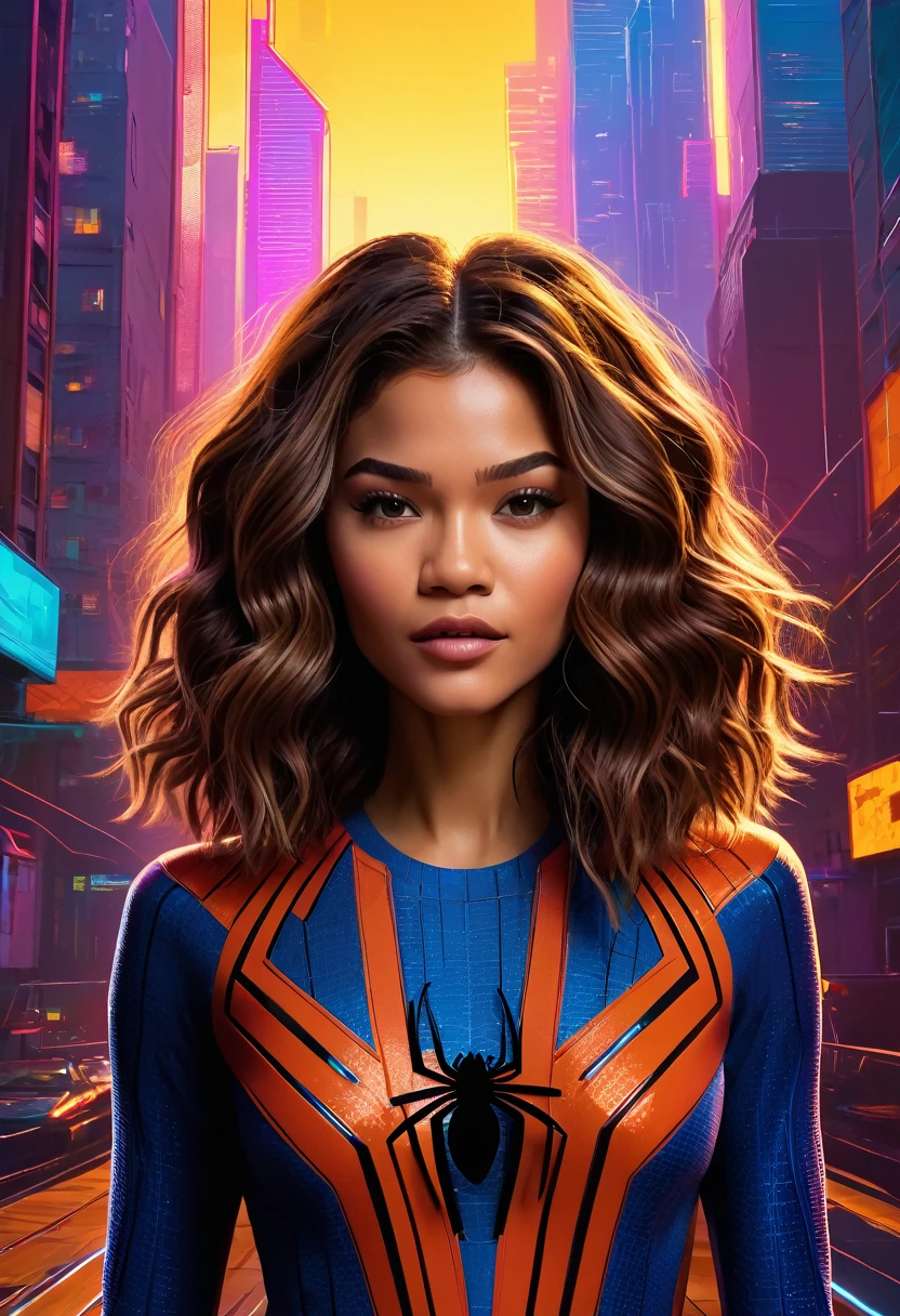 (Masterpiece artwork, 8K, uhd, high resolution: 1.4), vibrant portrait of Zendaya in Spider-Verse art style, (stylized and dynamic features: 1.3), (long and wavy hair, brown color: 1.2), (expressive and lively eyes: 1.3), (wearing modern and stylish clothes with a futuristic touch: 1.2), (confident and adventurous pose: 1.3), (comic animation elements, with hand-drawn textures and shadows: 1.2), (urban background with skyscrapers and neon lights: 1.1), (energetic and vibrant atmosphere: 1.3), intricate and colorful details, (fantasy and action elements: 1.2), (dynamic and captivating perspective: 1.3)