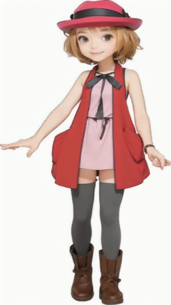 girl , shoulder length honey hair, pink dress with red coat, grey leggings , brown shoes , maroon cap