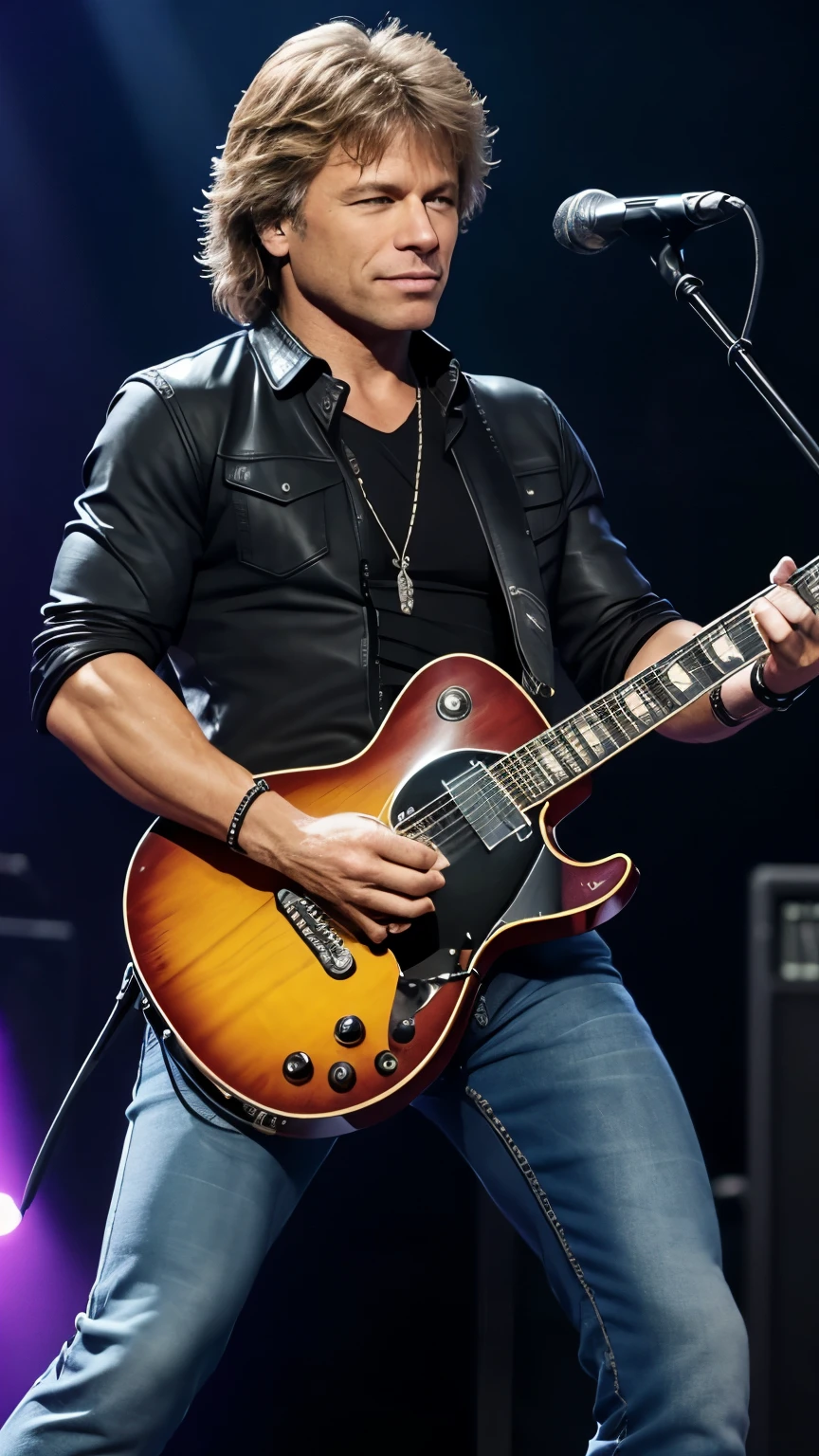 CRIAR JON BON JOVI GUITARRIST,ON STAGE PLAYING ELETRIC GUITAR,8K, REALISTA,UHD, FULL BODY ON SATEGE