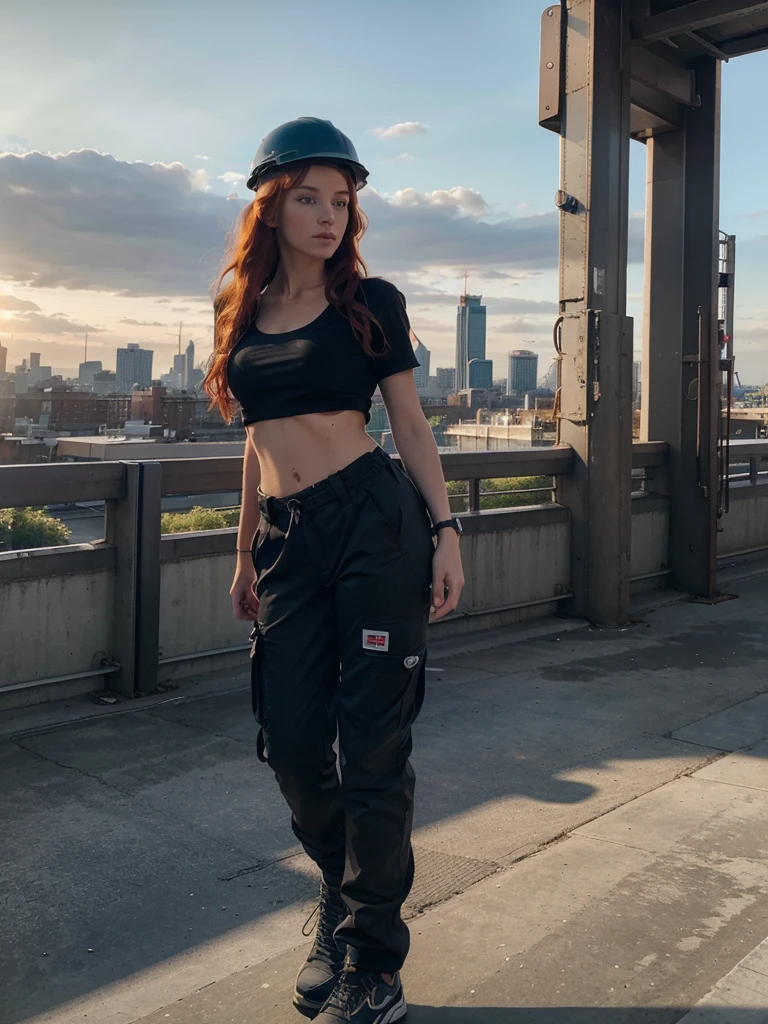 8k, RAW photo, best quality, ultra high resolution, photorealistic, realistic photo of skinny redhead girl model, (skinny girl, 20 years old girl, slim face, blue eyes, red hair, wavy hair), on the bridge, city view on the background, city skyline, bright light, (full body picture), standing posing for picture, (sexy pose, seductive, romantic), (wearing utility worker costume, cargo pants, black top, construction hard hat), sexy face, seductive, High Detail, Sharp focus, (bright light)