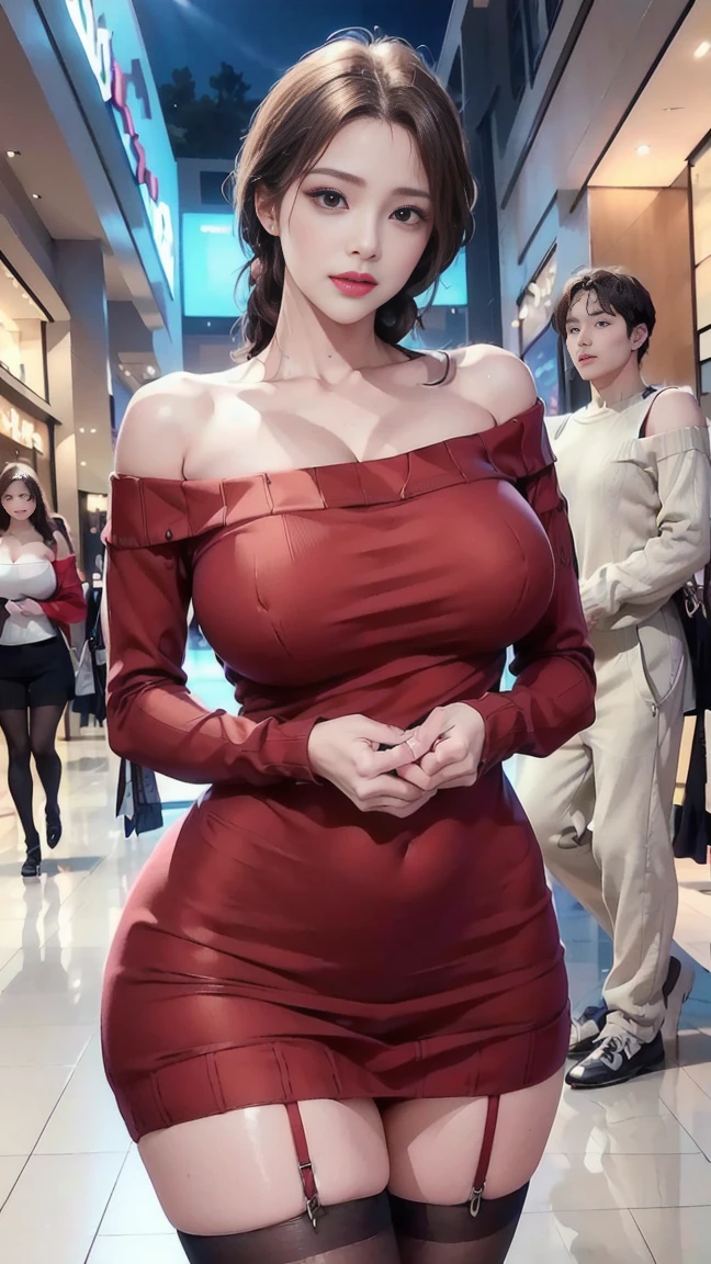 ((medium long shot)), , , ((mom and son, son hold mom:1.4)), standing ,big eyes, mole, , at night, , ((in the mall, shopping:1.4)), ((Mikyung)), 1 women and 1 man only, hyperdetail background, big screen tv ,look at camera , look at viewer, (highres, high quality:1.1), intricate details, cinematic lighting, shy look, high resolution, ultrasharp, 8K, masterpiece, , thighs, , huge breasts, expose cleavage, chignon, lips, ,navel, , stockings, ((off shoulder sweater , ,,feel shy:1.4)), ((look at viewer:1.4))