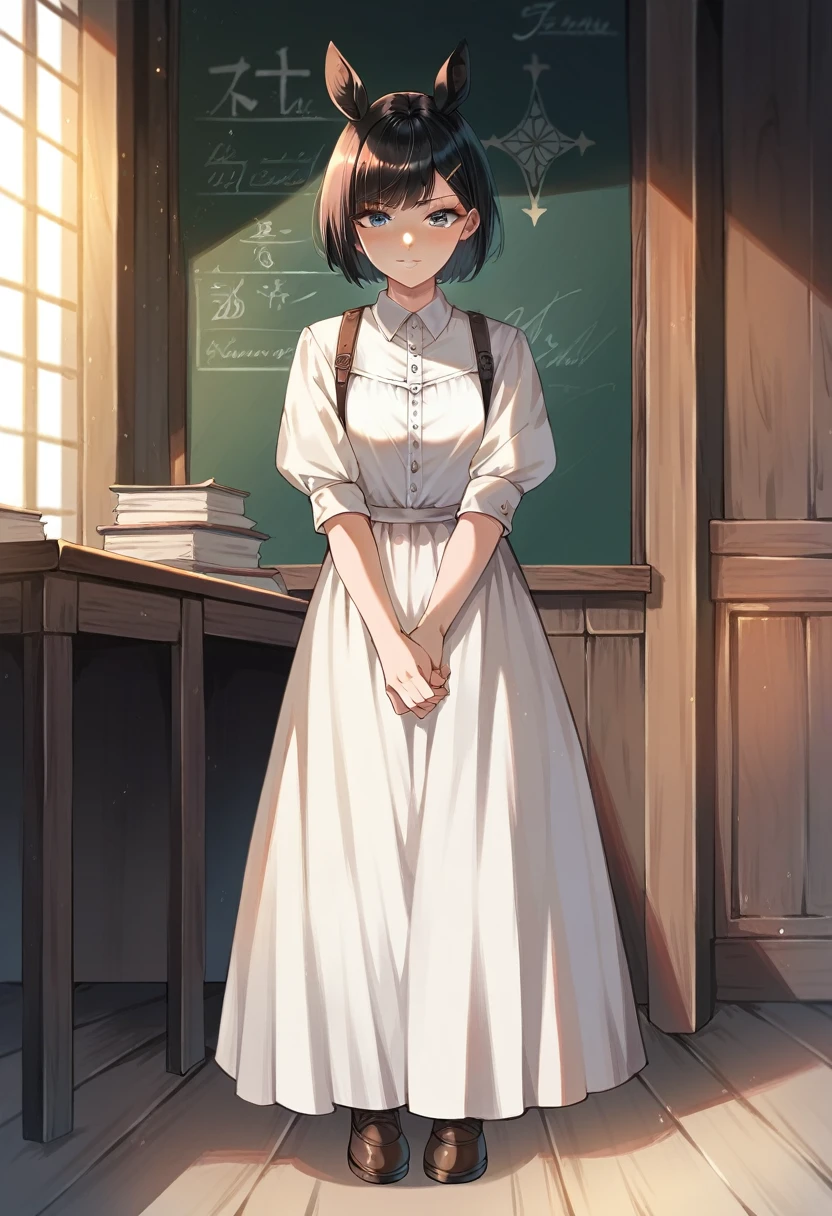 best quality, masterpiece, anime girl , young girl, 24 years old, thick legs , 1girl, bangs, short hair, dominant face, perfect shot, perfect anatomy, medieval, classroom background, full body, solo girl, 4k, high resolution , detailed face, detailed eyes, black hair, short hair, horse ears, standing, illustration, digital art, white skirt, long skirt, penis bulge,