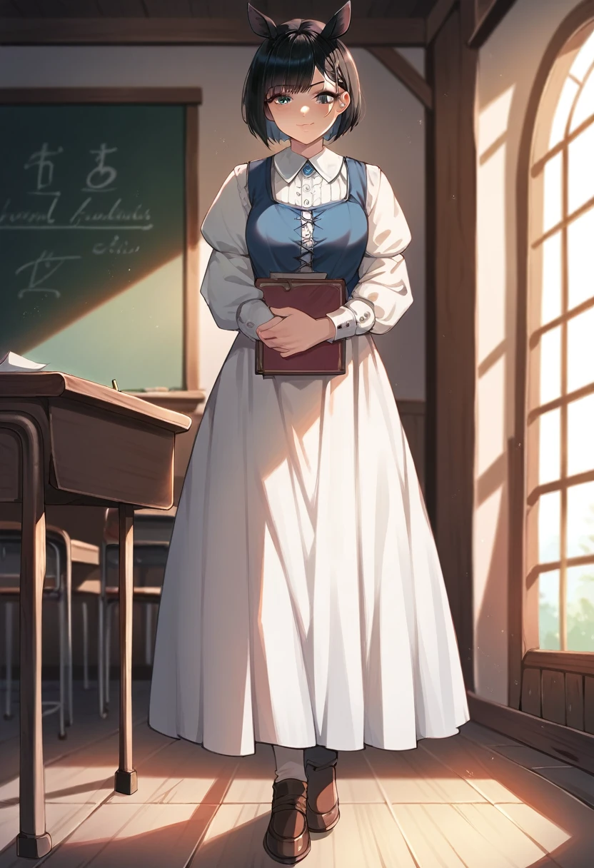 A teacher wearing a blue teacher's uniform with white stripes with blue jewelry around her body and golden chains on her clothes with her standing in a large classroom full of chairs and she is in front of a board holding a chalkboard with a bow white luver and having blue eyes and having brown hair like her having black skin with her having long and tied up hair she being sitting on the classroom table with her having big and gigantic breasts and huge hips and huge hips and giant and big thighs