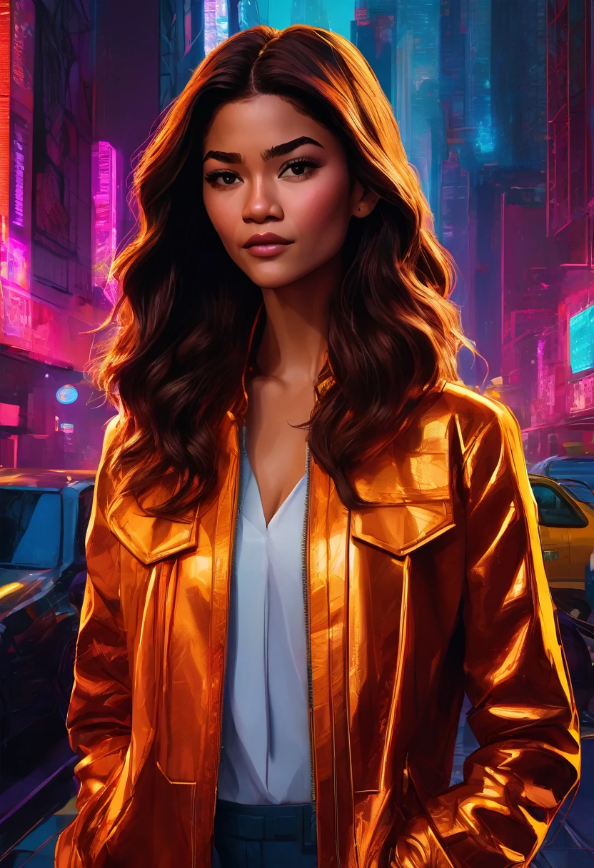 (Masterpiece artwork, 8K, uhd, high resolution: 1.4), vibrant portrait of Zendaya in Spider-Verse art style, (stylized and dynamic features: 1.3), (long and wavy hair, brown color: 1.2), (expressive and lively eyes: 1.3), (wearing modern and stylish clothes with a futuristic touch: 1.2), (confident and adventurous pose: 1.3), (comic animation elements, with hand-drawn textures and shadows: 1.2), (urban background with skyscrapers and neon lights: 1.1), (energetic and vibrant atmosphere: 1.3), intricate and colorful details, (fantasy and action elements: 1.2), (dynamic and captivating perspective: 1.3)