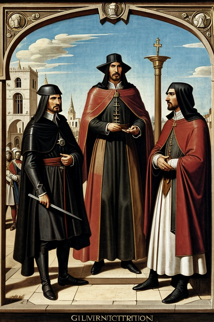 The inquisition looks at Giordano Bruno with suspicion while they present their revolutionary ideas in the square at noon