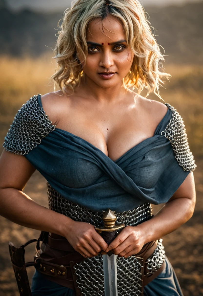 Masterpiece, Face of Anushka Shetty, a beautiful Viking woman, ((Marilyn Monroe:Michelle Pfeiffer:0.5)), (chainmail  armor), (medium breasts), (perfect body), (blonde matted hair), (short hairstyle), welding a sword, outside, dirty, spattered with blood,(skin texture:1.1), best quality, ultra high res, Raw photo, Nikon D850, backlight, rimlight, bright sunlight, film grain:1.2, (warm hue, warm tone:1.2), (color photo), fantasy battlefield background