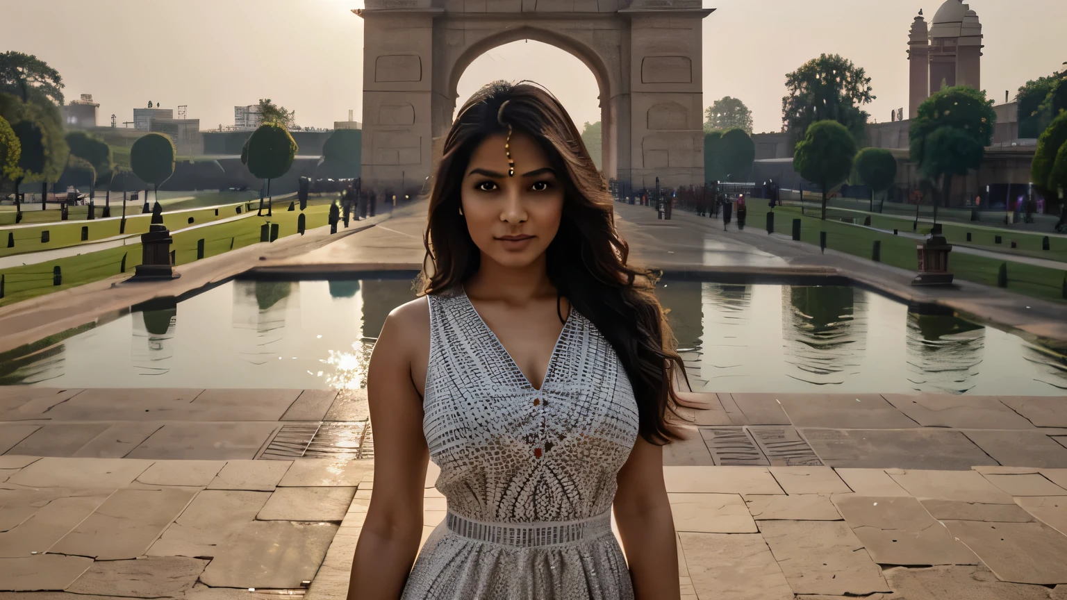 A charming indian woman, with an elegant posture and incomparable beauty, Her soft dimples and realistic expression lines add authenticity. Her skin is illuminated by the sun's rays, highlighting her beauty. She is dressed in long, sophisticated clothes. In the background is The India Gate background features a majestic monument set against a backdrop of lush greenery and vibrant cityscape, embodying the rich history and cultural heritage of New Delhi, To capture this extraordinary scene, a high-resolution camera such as the Phase One XF IQ4 150MP is required. The lighting is diffused and natural, minimizing harsh shadows. The camera settings include a medium aperture, adjusted shutter speed, and a high-quality wide-angle lens with a focal length of approximately 35mm to capture the entire scene in an immersive way. Sharp, precise details are captured, from wavy hair to complex clothing patterns, ensuring a natural and stunning image.