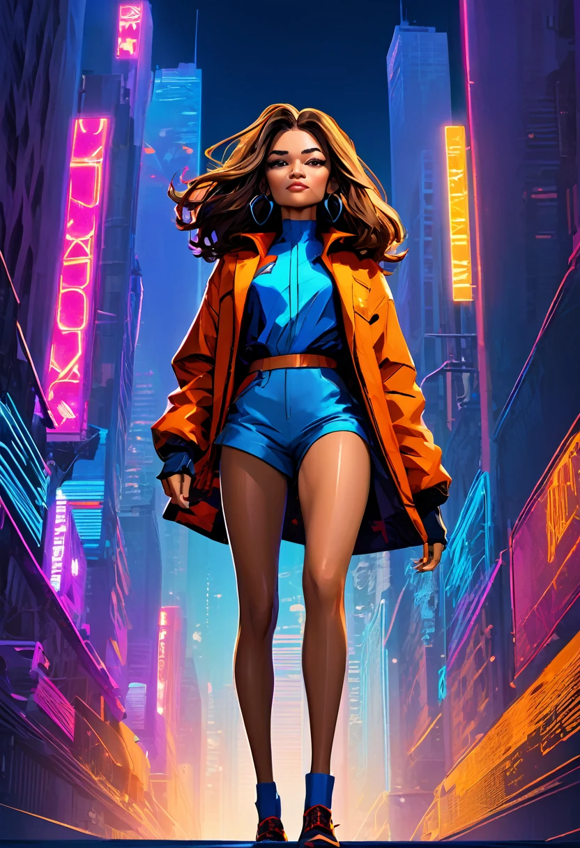 (Masterpiece artwork, 8K, uhd, high resolution: 1.4), vibrant portrait of Zendaya in Spider-Verse art style, (stylized and dynamic features: 1.3), (long and wavy hair, brown color: 1.2), (expressive and lively eyes: 1.3), (wearing modern and stylish clothes with a futuristic touch: 1.2), (confident and adventurous pose: 1.3), (comic animation elements, with hand-drawn textures and shadows: 1.2), (urban background with skyscrapers and neon lights: 1.1), (energetic and vibrant atmosphere: 1.3), intricate and colorful details, (fantasy and action elements: 1.2), (dynamic and captivating perspective: 1.3)