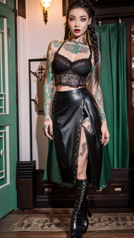 High resolution ultra detailed photography of a tall Asian Irish multiracial woman with long legs and freckles, woman's hairstyle three wild long braids and the sides of the head shaved bald, clothing bioluminizerent, woman's clothing gothic style mixed with Asian style consisting of a lace shirt in jade green and a black leather bodice and a long maxi wrap skirt in black with jade green embroidery and high heel boots, woman has many clear tribal tattoos, model pose full body dancing frontally in front of the camera and looking into the camera, photo background of a gothic bar at night with dim light