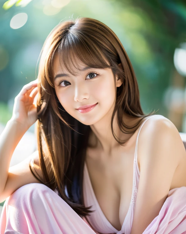 (Highest quality, 32k, High resolution, masterpiece:1.5, ), Memorable photos in abstract style, ((In a swirl of fantastic pastel colors and soft light)), Evokes a sense of calming serenity and elusive beauty, Very rich emotional expression, Have a rich imagination, Cute Japanese Girl, Full Body Shot, Hunchback, Very beautiful face, Magic big eye, A kind smile, Motherhood and generosity, Overflowing affection, ((Shiny brown hair)), Beautifully styled silky medium-long hair, Asymmetrical bangs, Hair between the eyes, transparent, soft, White skin, Neat, Thin eyebrows, double eyelid, Pale pink lips detail, ((Full nudity)), High resolutionの完璧な鎖骨, High resolutionの美しい胸元, Slender body with ample breasts, High resolutionの美しい太もも, Thin pubic hair, Beautiful Vagina,Clearly visible anus, Bedroom, Soft sunlight, Professional Lighting, Professional Photographer, Professional models,mysterious、Sit on a chair with your legs spread