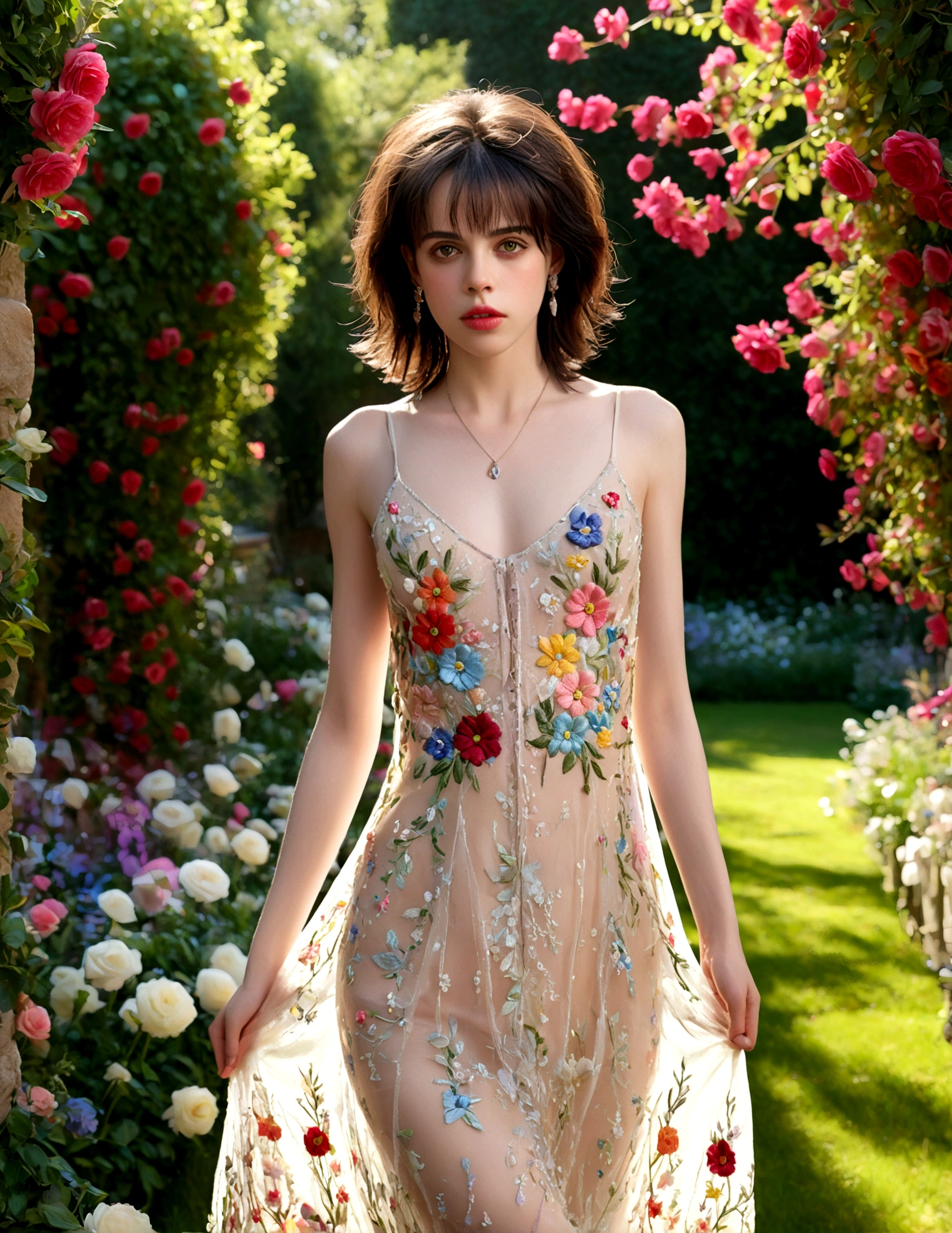 1girl, Fairuza Balk (age 18), stunning detailed eyes, sheer airy gown with flower embroidery open down the middle concealing very little, nude underneath, walking through a well tended flower garden, midday, sultry poses, open legs, full body shot, 1990s, (best quality,4k,8k,highres,masterpiece:1.2),ultra-detailed,(realistic,photorealistic,photo-realistic:1.37),HDR,UHR,studio lighting, ultra-fine painting,sharp focus,physically-based rendering,extreme detail description,professional,vivid colors,bokeh,portrait