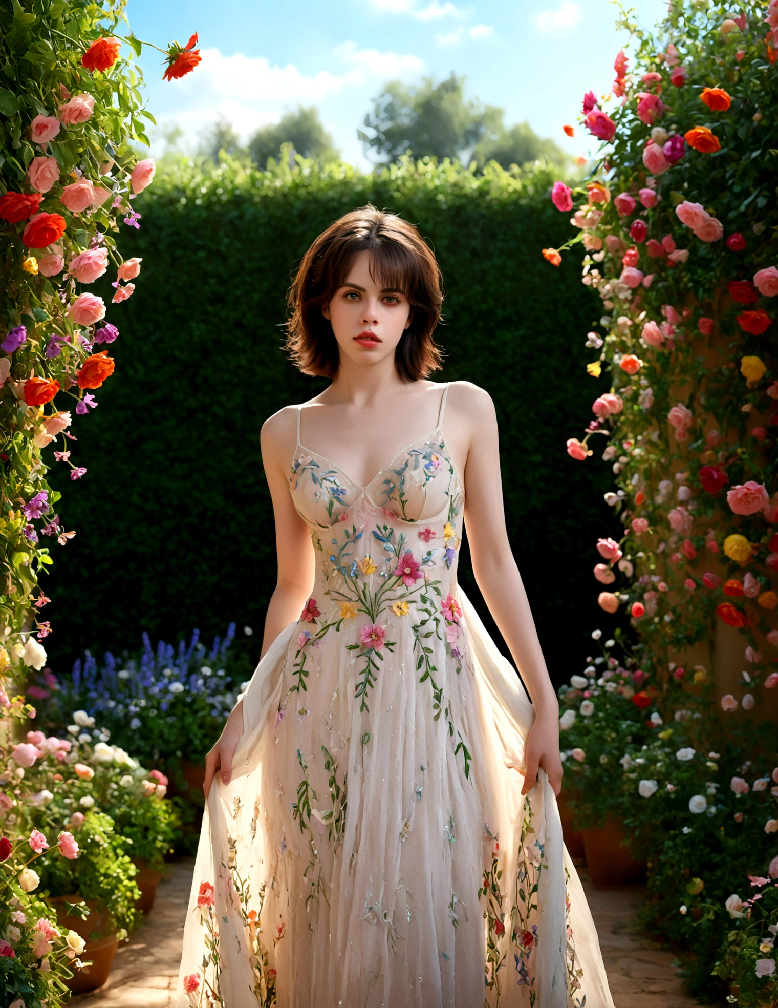 1girl, Fairuza Balk (age 18), stunning detailed eyes, sheer airy gown with flower embroidery open down the middle concealing very little, nude underneath, walking through a well tended flower garden, midday, sultry poses, open legs, full body shot, 1990s, (best quality,4k,8k,highres,masterpiece:1.2),ultra-detailed,(realistic,photorealistic,photo-realistic:1.37),HDR,UHR,studio lighting, ultra-fine painting,sharp focus,physically-based rendering,extreme detail description,professional,vivid colors,bokeh,portrait
