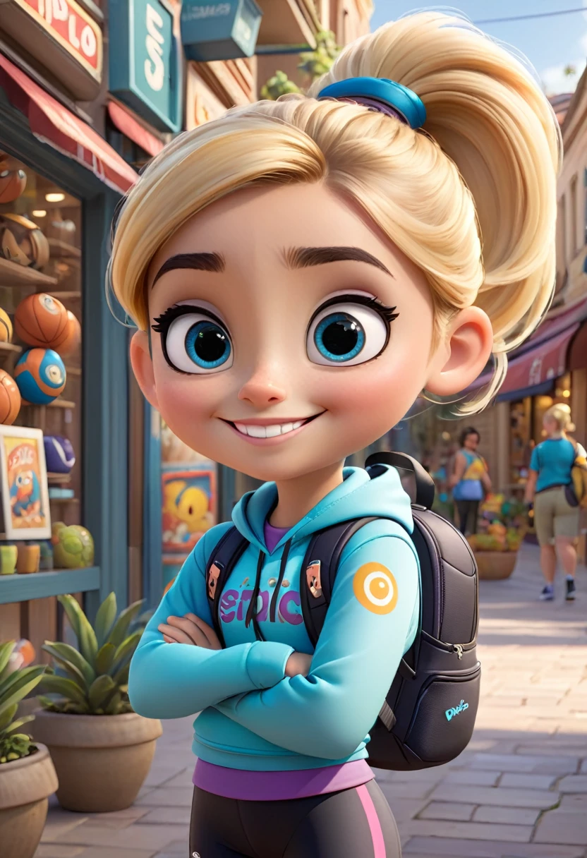 "Create a short -yeld fee character in the Disney Pixar style, for a store called Estilo Épico. Big eyes and a captivating smile, rounded face, Sportswoman with blonde hair tied in a ponytail, She wears sports leggings with a modern design and has a backpack next to her with 'Epic Style' written in captivating colors. The character should appear friendly and full of energy.