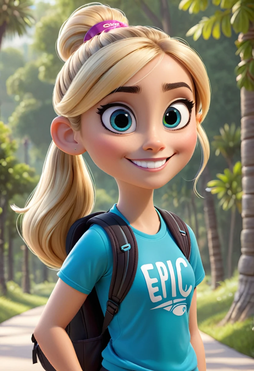 "Create a short -yeld fee character in the Disney Pixar style, for a store called Estilo Épico. Big eyes and a captivating smile, rounded face, Sportswoman with blonde hair tied in a ponytail, She wears sports leggings with a modern design and has a backpack next to her with 'Epic Style' written in captivating colors. The character should appear friendly and full of energy.