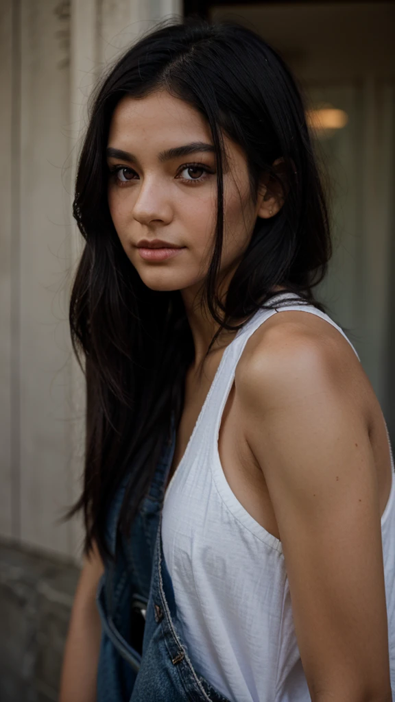 Half face of a black haired girl with red dragon eyes