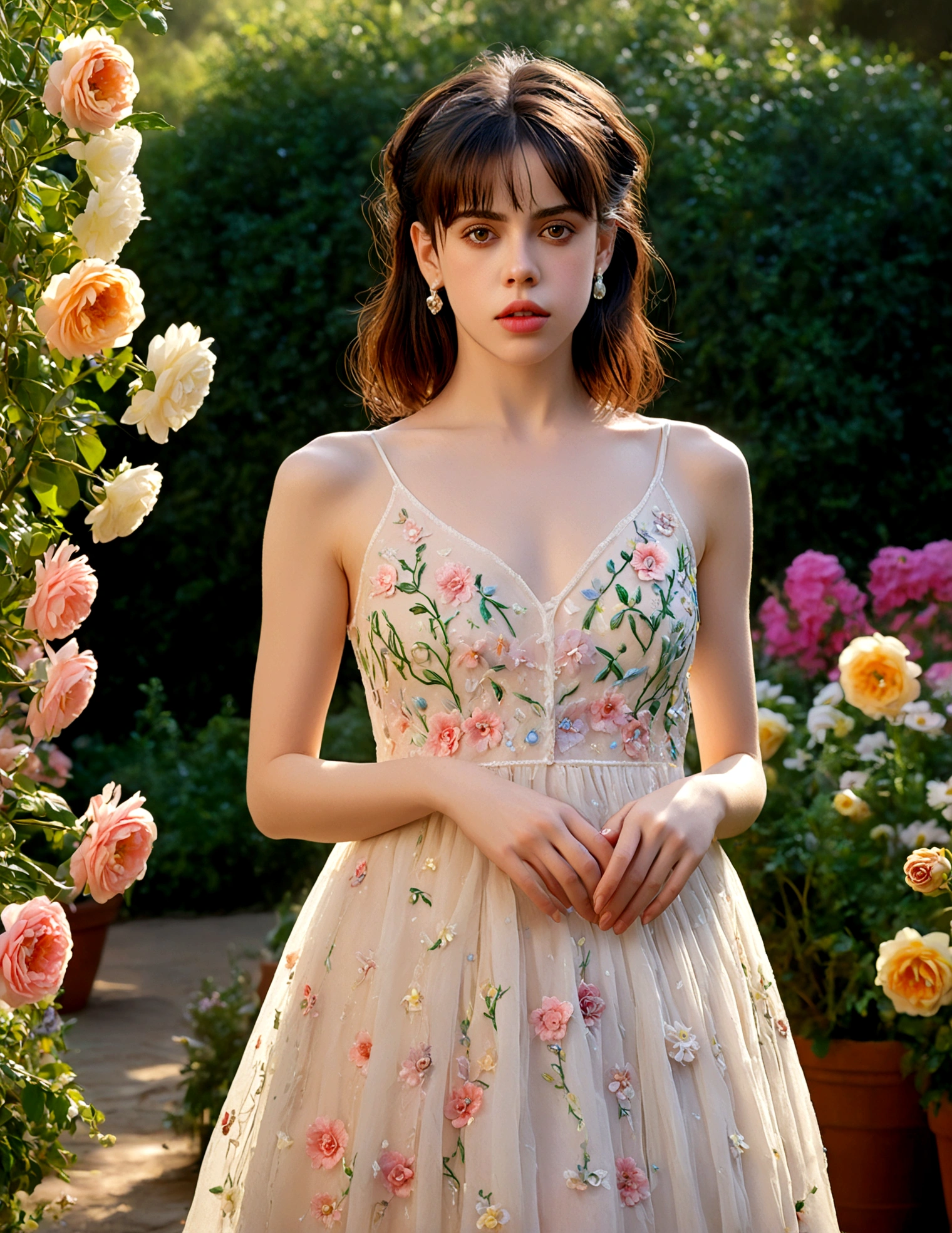1girl, Fairuza Balk ( 18), stunning detailed eyes, sheer airy gown with flower embroidery open down the middle concealing very little, nude underneath, walking through a well tended flower garden, midday, sultry poses, open legs, full body shot, 1990s, (best quality,4k,8k,highres,masterpiece:1.2),ultra-detailed,(realistic,photorealistic,photo-realistic:1.37),HDR,UHR,studio lighting, ultra-fine painting,sharp focus,physically-based rendering,extreme detail description,professional,vivid colors,bokeh,portrait