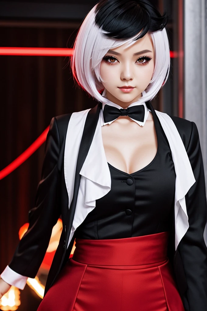 A beautiful red-eyed demon with short white hair, her outfit is an anime-style black tuxedo. 
