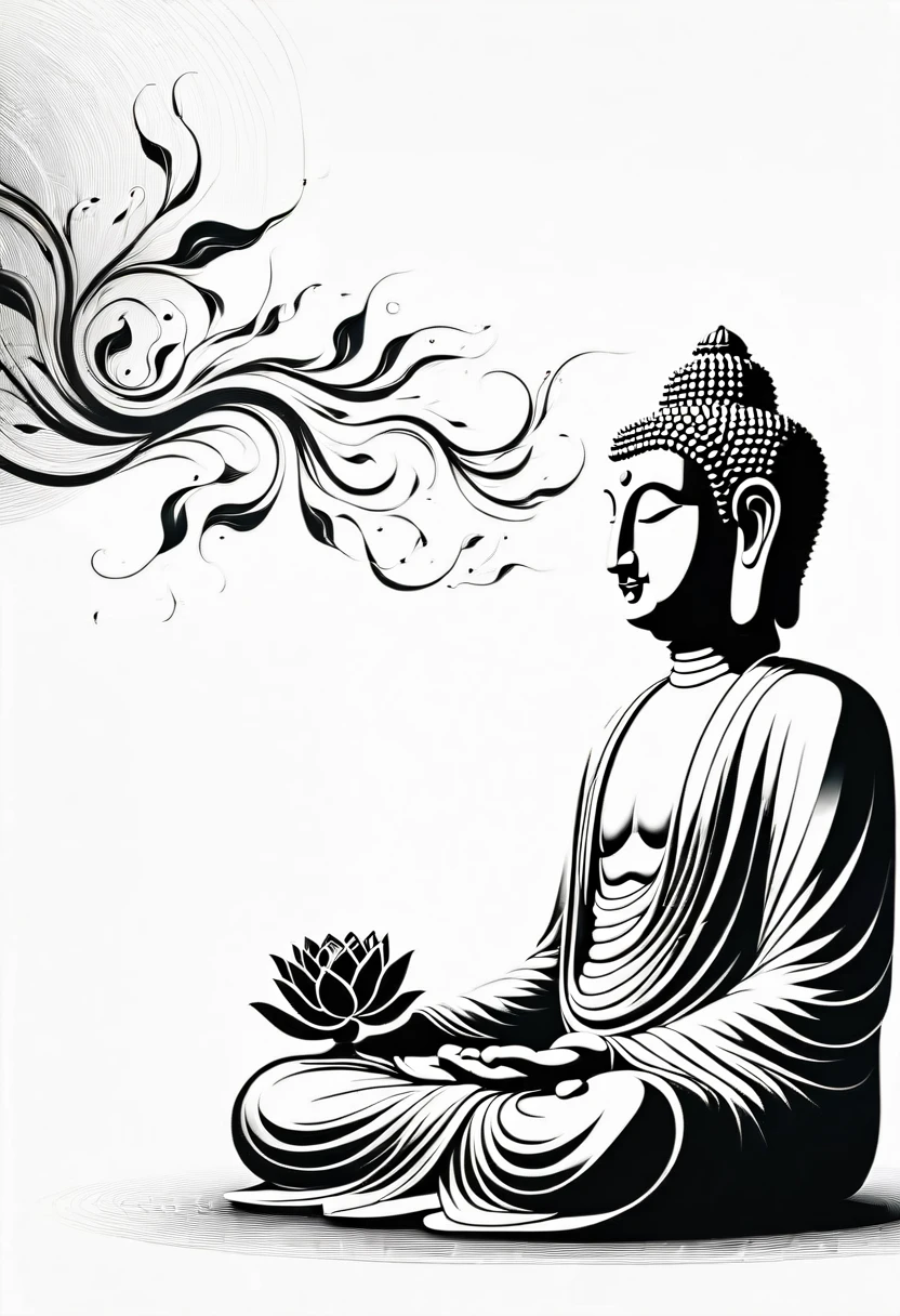 Buddha statue sitting sideways on lotus and meditating,Simple textured outline graphic masterpiece, Beautifully detailed ultra high definition fine art buddha meditation side illustration (Simple silhouette) On a white background, A thin layer of smoke formed around the Buddha statue. The smooth shape of the double smoke is swallowed up by the flowing dynamics. Soft smoke feeling, Silky and bright. High-resolution and detailed masterpieces of master art. Vector Art Effects. Elements such as flowing smoke bring vividness and. Unique atmospheric light and shadow effects using light and shadow in vector art,Using the simplicity of vector art to create a sense of three-dimensionality and movement、Pure expression,Emphasize simplicity and clarity of form,Bring simplicity and modernity to your work