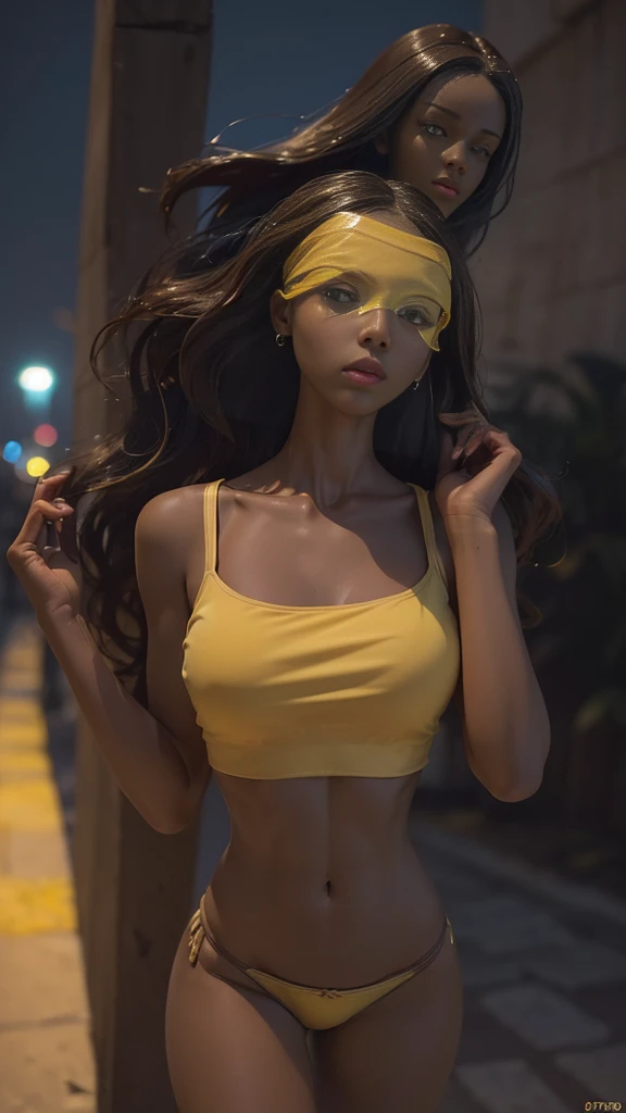 ((Realistic lighting, Best quality, 8K, Masterpiece: 1.3)), ((Clear focus: 1.2)), 1 girl, ((Perfect Figure: 1.4)), ((Slim Abs: 1.1)), See through, tight clothing, ((african, dark skin, tanned brunette girl, wavy hair)), (panties: 1.4), (Yellow crop top: 1.4), (Outdoor, Night: 1.1), City streets, Super fine face, Fine eyes, Double eyelids,