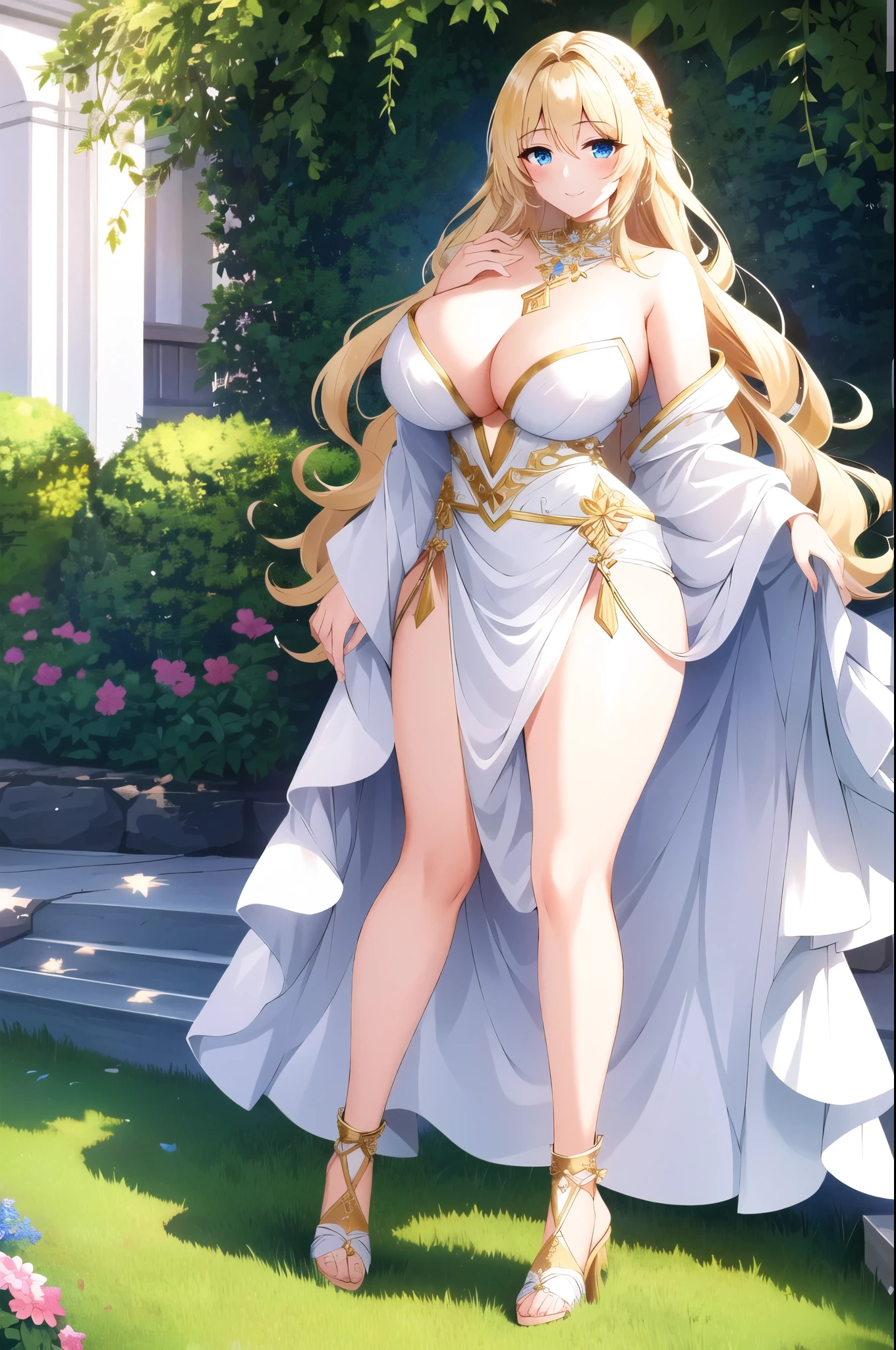 An extremely beautiful stunning woman with a perfect busty body, gold blonde long silky hair, big blue eyes, extremely super bright snow white fair stunning flawless glowing lush shiny flawless white skin, a perfect tight hourglass figure, and a skinny waist, sexy thick smooth luscious legs and thighs, extremely cute smile on the face, bright pink blushes on cheeks, wearing a short sexy loose revealing white floral dress with threads, pink off-shoulder, yellow heels, green necklace on the neck, gold anklets on feet, standing straight, holding flowers, garden in the background, show full body from head to feet.