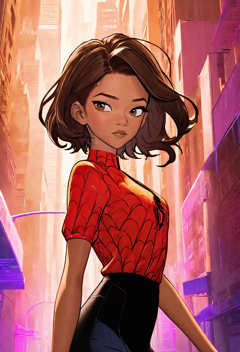 (Masterpiece artwork, 8K, uhd, high resolution: 1.4), vibrant portrait of Zendaya in Spider-Verse art style, (stylized and dynamic features: 1.3), (long and wavy hair, brown color: 1.2), (expressive and lively eyes: 1.3), (wearing modern and stylish clothes with a futuristic touch: 1.2), (confident and adventurous pose: 1.3), (comic animation elements, with hand-drawn textures and shadows: 1.2), (urban background with skyscrapers and neon lights: 1.1), (energetic and vibrant atmosphere: 1.3), intricate and colorful details, (fantasy and action elements: 1.2), (dynamic and captivating perspective: 1.3)