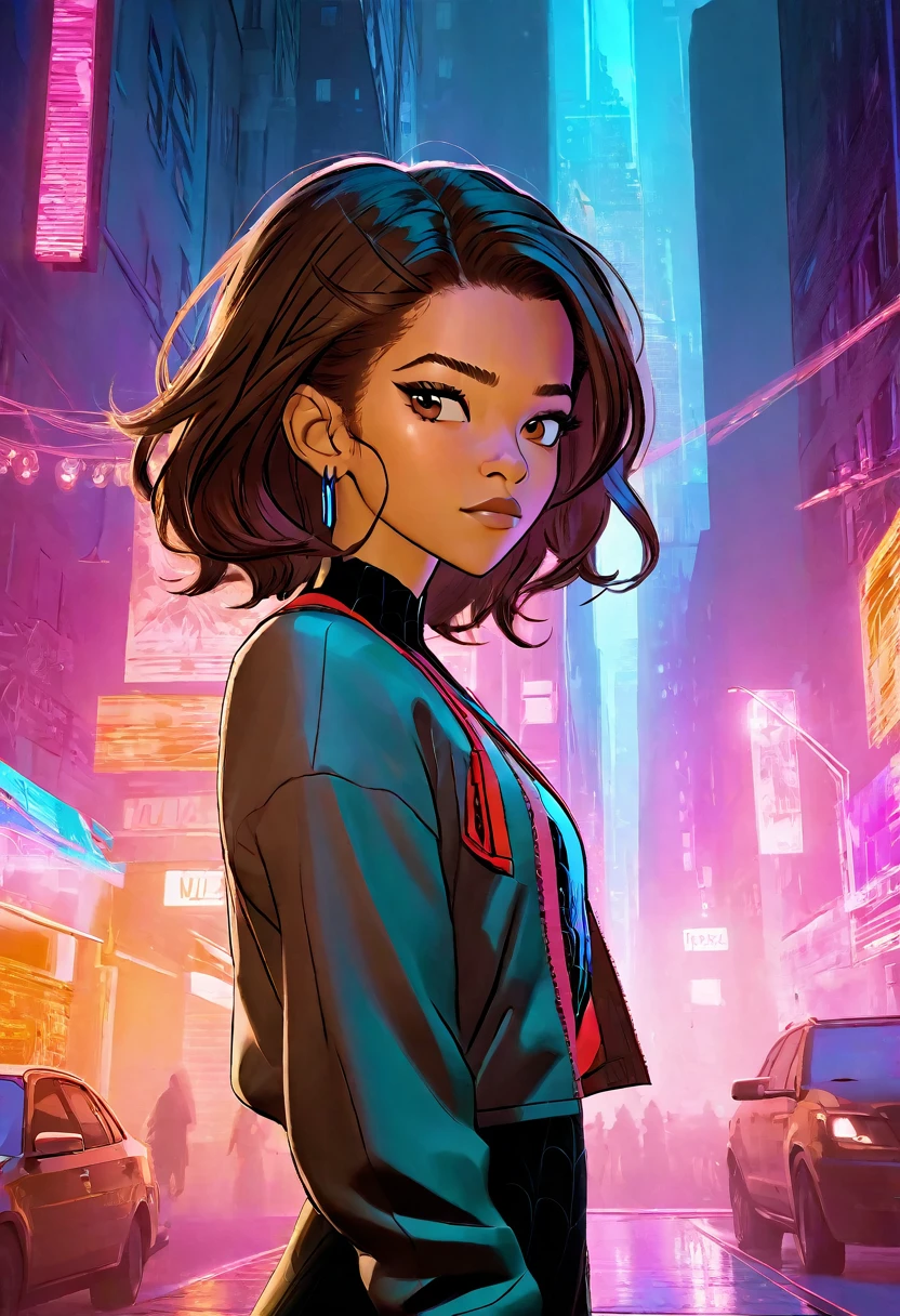 (Masterpiece artwork, 8K, uhd, high resolution: 1.4), vibrant portrait of Zendaya in Spider-Verse art style, (stylized and dynamic features: 1.3), (long and wavy hair, brown color: 1.2), (expressive and lively eyes: 1.3), (wearing modern and stylish clothes with a futuristic touch: 1.2), (confident and adventurous pose: 1.3), (comic animation elements, with hand-drawn textures and shadows: 1.2), (urban background with skyscrapers and neon lights: 1.1), (energetic and vibrant atmosphere: 1.3), intricate and colorful details, (fantasy and action elements: 1.2), (dynamic and captivating perspective: 1.3)