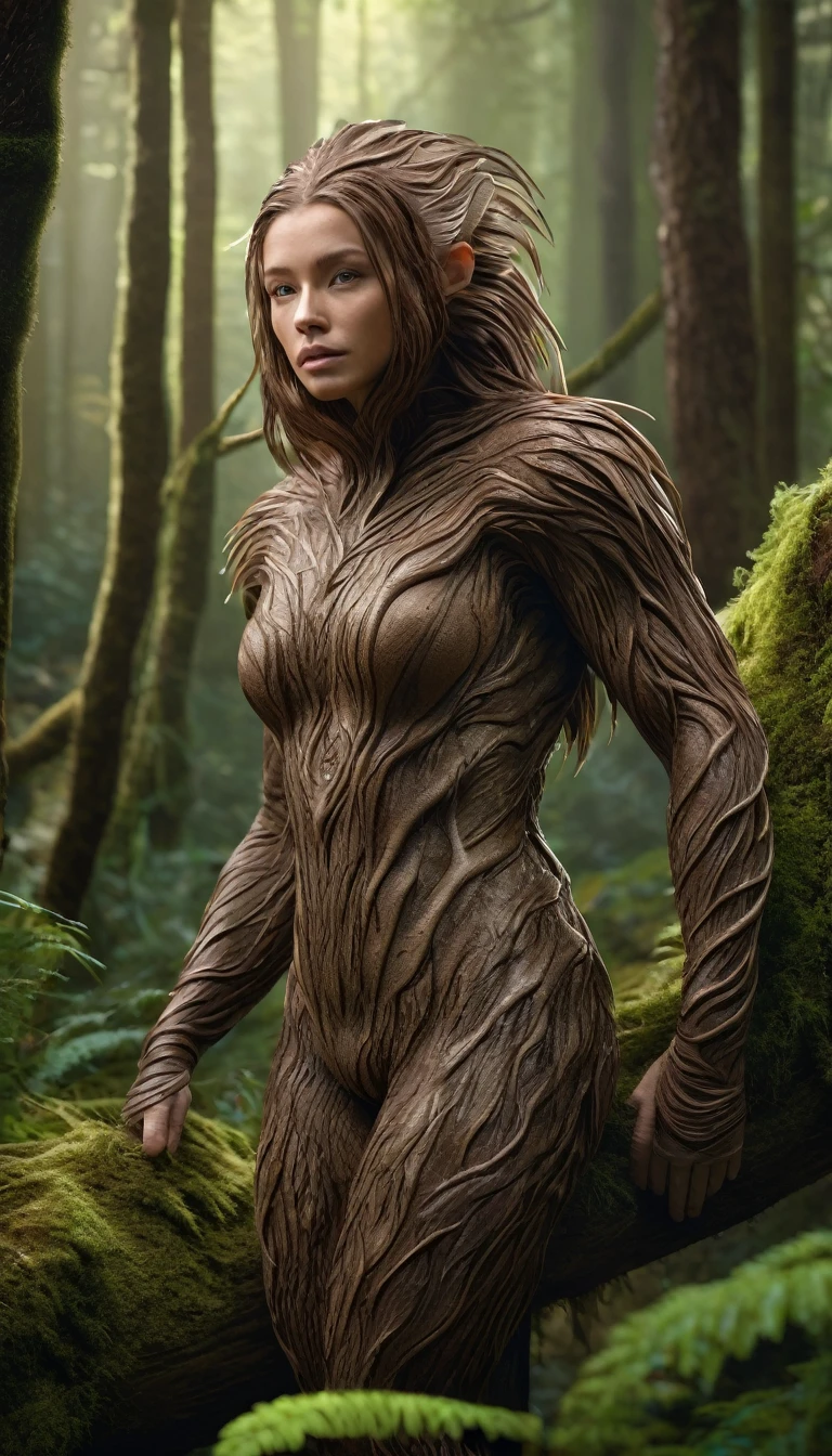 There is a creature in the forest,Human-like appearance,The whole body is covered with brown hair(best quality,4K,8K,High level,masterpiece:1.2),Ultra Detailed,(lifelike,Photo real,Photo real:1.37),Highly detailed animals,Complex patterns,Realistic lighting,Fantasy Creatures