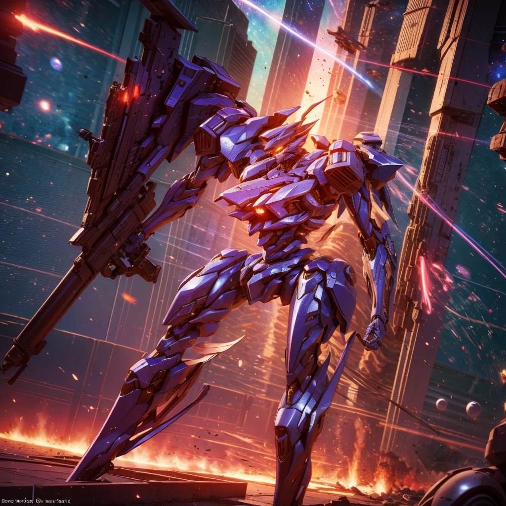 (Obra de arte, melhor qualidade:1.5).Mech branco e azul com detalhes dourados, médio, segurando uma sniper azul grande. Extremely detaild, 8K, HDR, naturallight, cinematic lighting, masterpiece-anatomy-perfect, Ultra HD, (Space Combat:1.5, Battlefield:1.5), RAW photo, metallic, professional, ultra-fine painting, perfect body proportions, anatomically correct, uhd, real texture material, Anti-Aliasing, FKAA, TXAA, SSAO, Post Processing, Post Production, Tone Mapping, CGI, VFX, SFX, Hyper maximalist, Volumetric, ultra photorealultra-detailed intricate details.