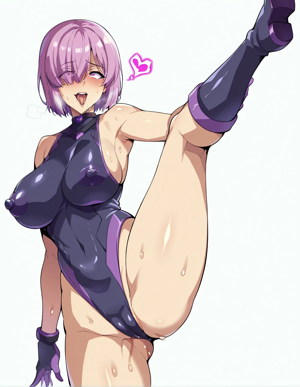 smile、(Mash Kyrielight)、ahegao、Ultra-detailed illustrations、Ultra-precise expression、masterpiece、Highest quality、ultra High resolution、High resolution、Hiromitsu Takeda Style、White background、Simple Background、One girl、soght purple hair,short hair,hair over one eyes、leotard、Rider Suit、purple heel boots、Purple eyes、Open your mouth、Large Breasts、Big Breasts、Erect nipples、Choker of Hearts、White Breath、Sweat、Glowing Skin、shiny skin、Front angle、View your viewers、Raise one leg、