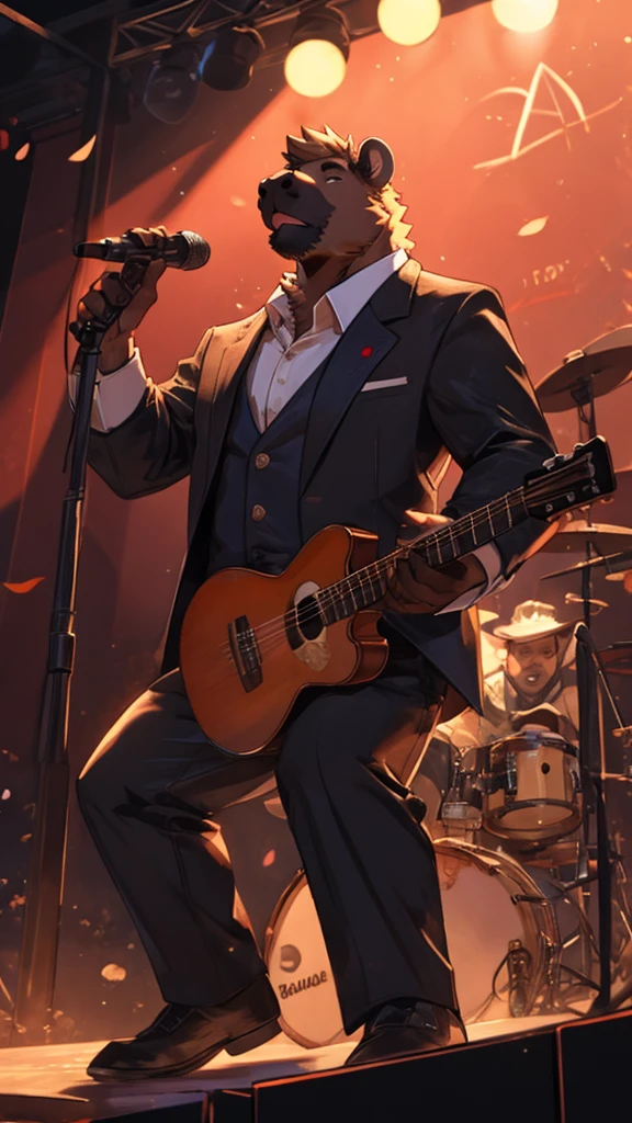 A male furry capybara wears masculine clothes and is on stage singing