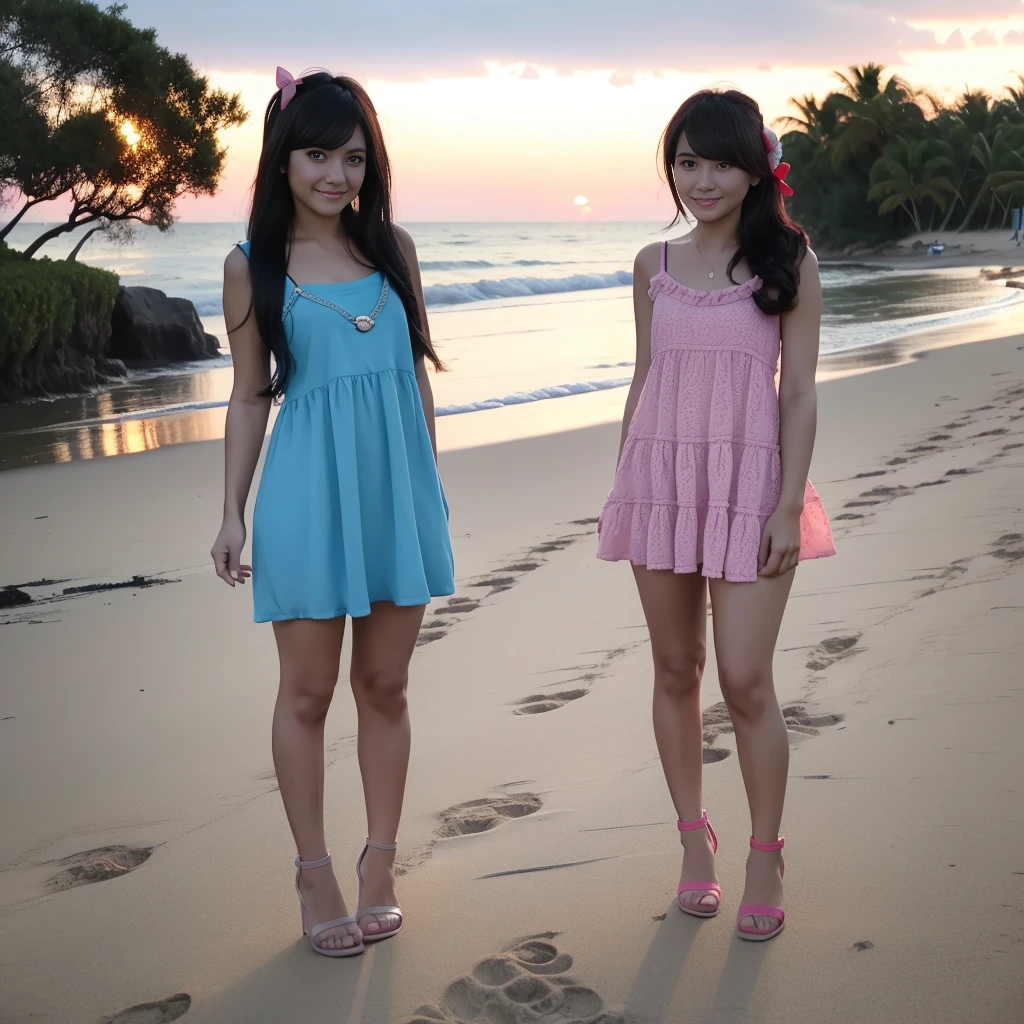 4 female, wearing pink blue aqua and red tight mini House dress, And wearing lingerie ,big , Standing At the beach square,  sunset, full body, with female friend, bobbed long hair, bun hair, heels, little smile, stylish each other 