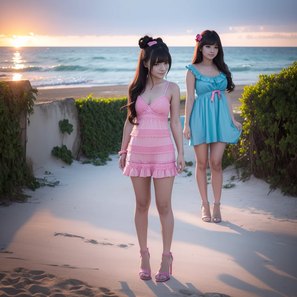 4 female, wearing pink blue aqua and red tight mini House dress, And wearing lingerie ,big , Standing At the beach square,  sunset, full body, with female friend, bobbed long hair, bun hair, heels, little smile, stylish each other 