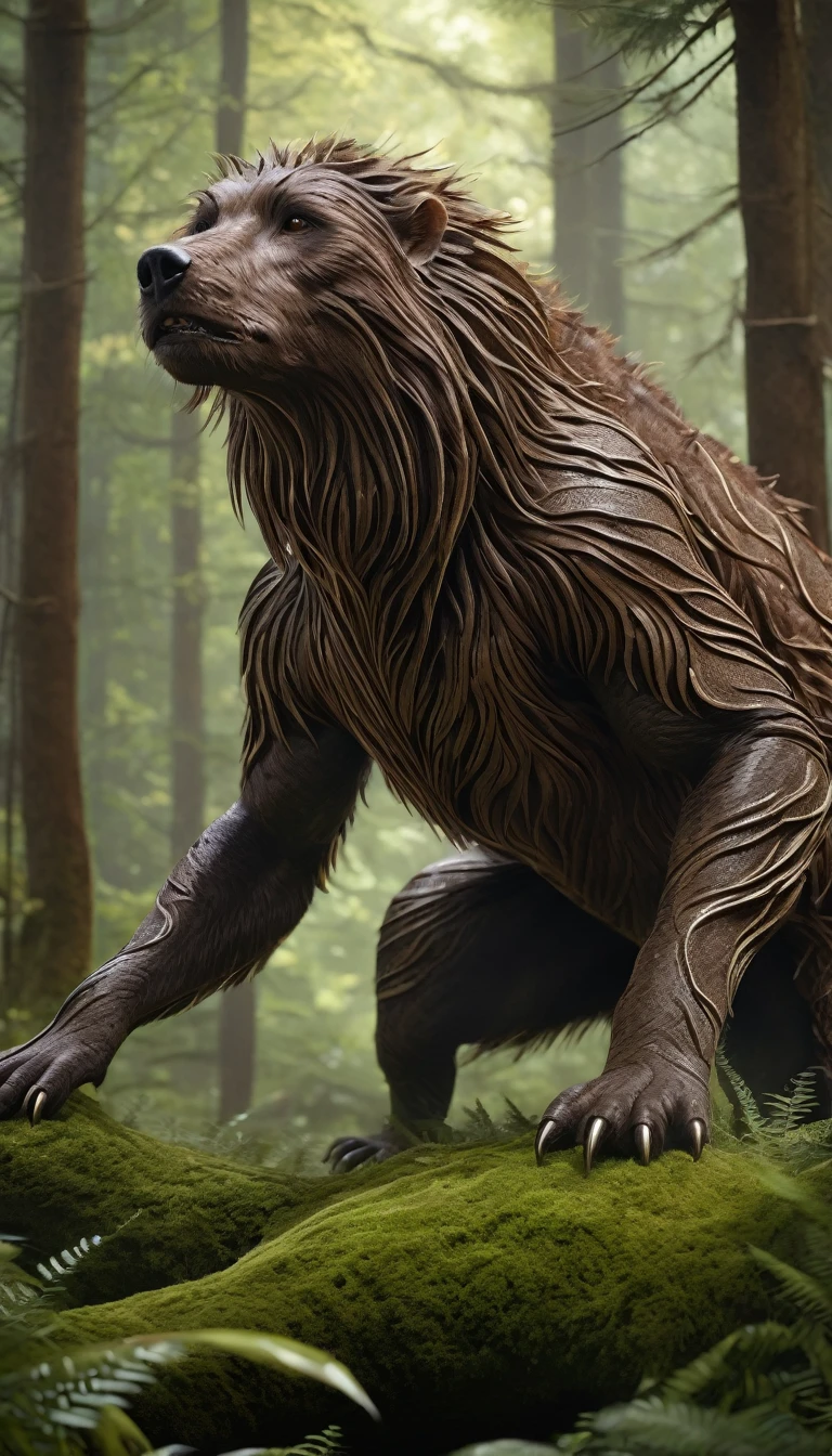 There is a creature in the forest,Human-like appearance,The whole body is covered with brown hair,Ultra-detailed(best quality,4K,8K,High level,masterpiece:1.2),Ultra Detailed,(lifelike,Photo real,Photo real:1.37),Highly detailed animals,Complex patterns,Realistic lighting,Fantasy Creatures