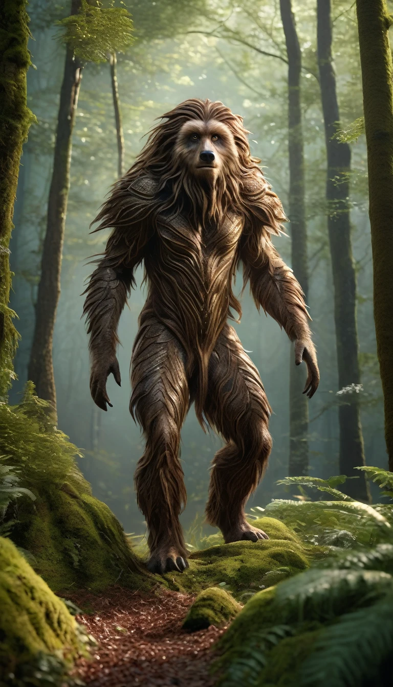 There is a creature in the forest,Human-like appearance,The whole body is covered with brown hair,Ultra-detailed(best quality,4K,8K,High level,masterpiece:1.2),Ultra Detailed,(lifelike,Photo real,Photo real:1.37),Highly detailed animals,Complex patterns,Realistic lighting,Fantasy Creatures
