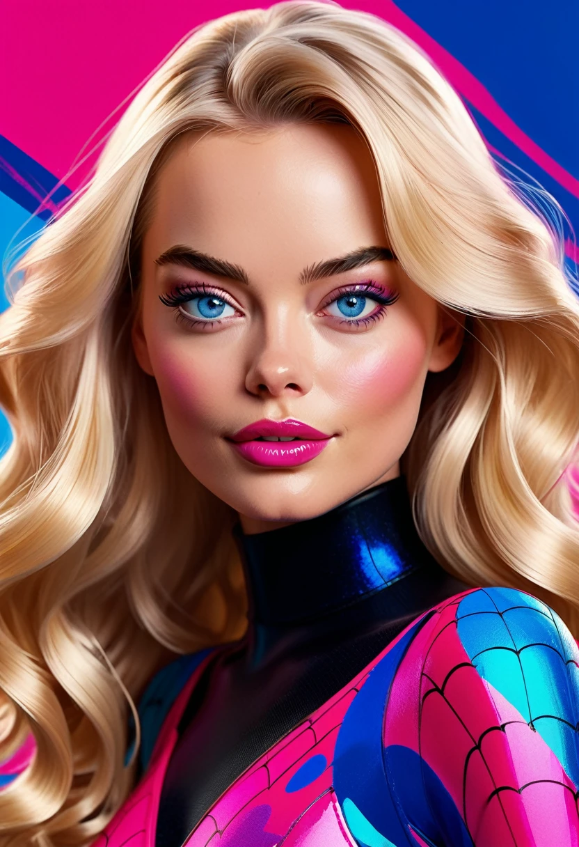 (Masterpiece artwork, 8K, uhd, high resolution: 1.4), vibrant portrait of Margot Robbie as Barbie in Spider-Verse art style, (stylized and detailed strokes: 1.3), (shiny, wavy blonde hair: 1.2), (big, expressive blue eyes: 1.2), (Barbie&#39;s iconic outfit with modern, colorful touches: 1.3), (confident and dynamic pose: 1.3), (comic animation elements with hand-drawn textures and shadows: 1.2), (background with stylized and colorful urban scenes: 1.1), (Cheerful and energetic atmosphere: 1.3), Intricate, vibrant details, (fantasy and modern elements: 1.2), (dynamic and captivating perspective: 1.3)