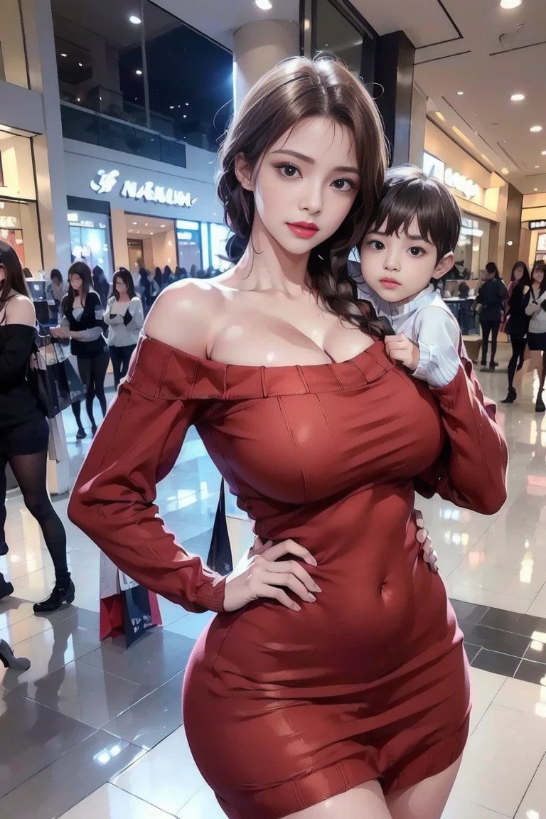 ((medium long shot)), , , ((mom and son, son hold mom:1.4)), standing ,big eyes, mole, , at night, , ((in the mall, shopping:1.4)), ((Mikyung)), 1 women and 1 man only, hyperdetail background, big screen tv ,look at camera , look at viewer, (highres, high quality:1.1), intricate details, cinematic lighting, shy look, high resolution, ultrasharp, 8K, masterpiece, , thighs, , huge breasts, expose cleavage, chignon, lips, ,navel, , stockings, ((off shoulder sweater , ,,feel shy:1.4)), ((look at viewer:1.4))
