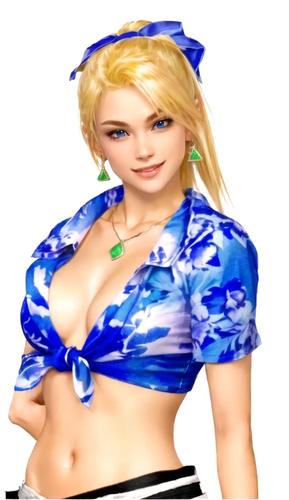 a close up of a blonde girl with a shirt on and BOTH forearms behind her back, she's European, as a character in Out Run 2, of SEGA, 3D CG, Clarissa, 2k, 2 k, she has a golden necklace with a jade stone, jade drop earrings, she is smiling only with blue eyes, mouth slightly open as to talk. realistic, render of april, fighting game character, nina from tekken, shirt has some hawaiaan motif on it, she has a foulard tied over her head like a ribbon, she wears no bra