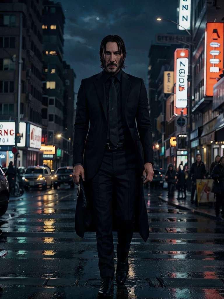 In the evening, the lights are on, the street, the traffic, the crowd, john wick walks alone