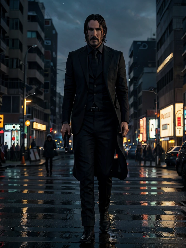 In the evening, the lights are on, the street, the traffic, the crowd, john wick walks alone