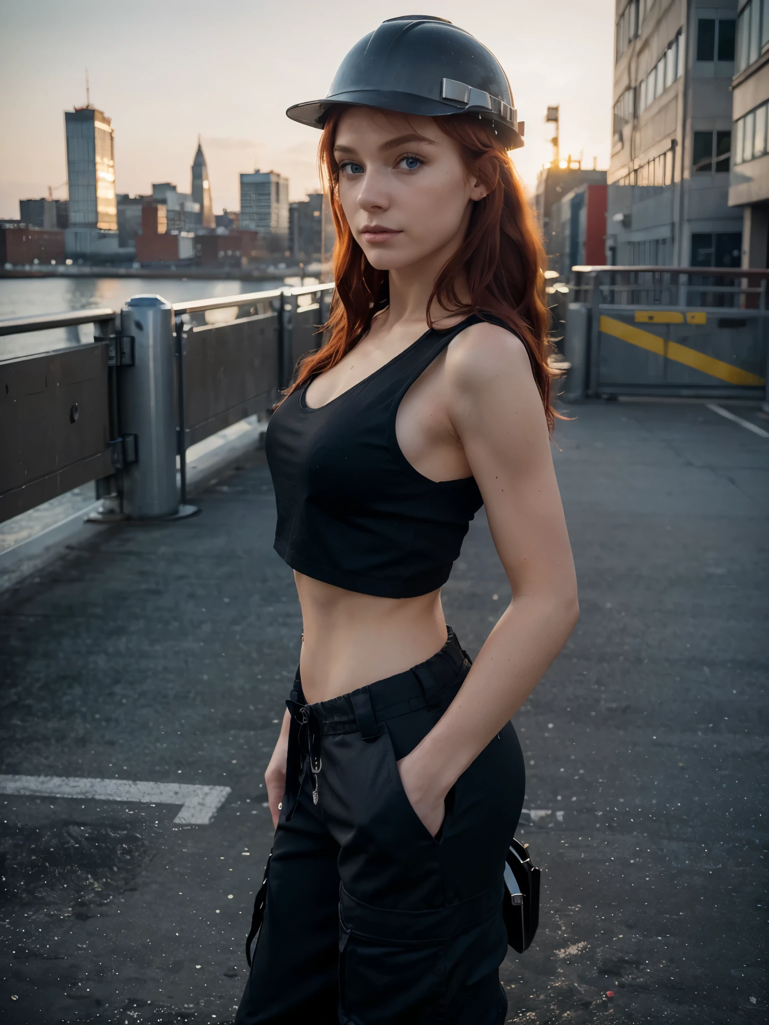 8k, RAW photo, best quality, ultra high resolution, photorealistic, realistic photo of skinny redhead girl model, (skinny girl, 20 years old girl, slim face, blue eyes, red hair, wavy hair), on the bridge, city view on the background, city skyline, bright light, (full body picture), (photo from the side), standing posing for picture, (sexy pose, seductive, romantic), (wearing utility worker costume, cargo pants, black top, construction hard hat), ((looking at viewer)), sexy face, seductive, High Detail, Sharp focus, (bright light)
