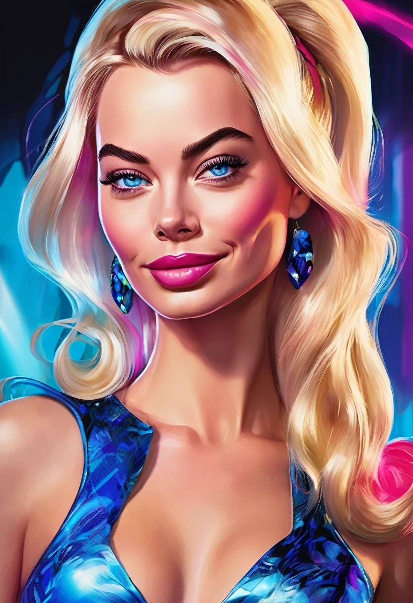 (Masterpiece artwork, 8K, uhd, high resolution: 1.4), vibrant portrait of Margot Robbie as Barbie in Spider-Verse art style, (stylized and detailed strokes: 1.3), (shiny, wavy blonde hair: 1.2), (big, expressive blue eyes: 1.2), (Barbie&#39;s iconic outfit with modern, colorful touches: 1.3), (confident and dynamic pose: 1.3), (comic animation elements with hand-drawn textures and shadows: 1.2), (background with stylized and colorful urban scenes: 1.1), (Cheerful and energetic atmosphere: 1.3), Intricate, vibrant details, (fantasy and modern elements: 1.2), (dynamic and captivating perspective: 1.3)