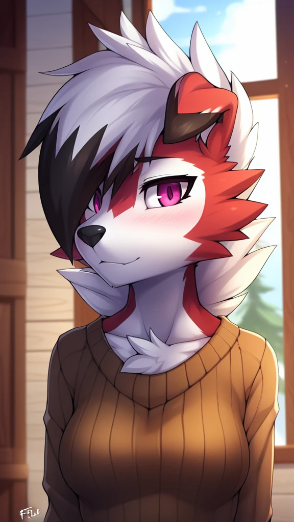 By zinfyu,by twistedscarlet60, uploaded on pixiv, by fluff-kevlar, (masterpiece), (best quality), (solo female:1.2), (extremely detailed:1.3),(detailed eye,black circle on eye,pink eye), lycanroc midnight, view on viewer, close view, shy face, half body on potrait, only body and head, close view, closeup photo of lycanroc, wearing brown sweater, inside house, wooden house, opened window, winter season, 