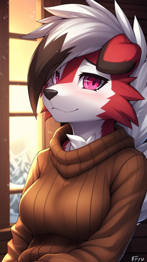 By zinfyu,by twistedscarlet60, uploaded on pixiv, by fluff-kevlar, (masterpiece), (best quality), (solo female:1.2), (extremely detailed:1.3),(detailed eye,black circle on eye,pink eye), lycanroc midnight, view on viewer, close view, shy face, half body on potrait, only body and head, close view, closeup photo of lycanroc, wearing brown sweater, inside house, wooden house, opened window, winter season,