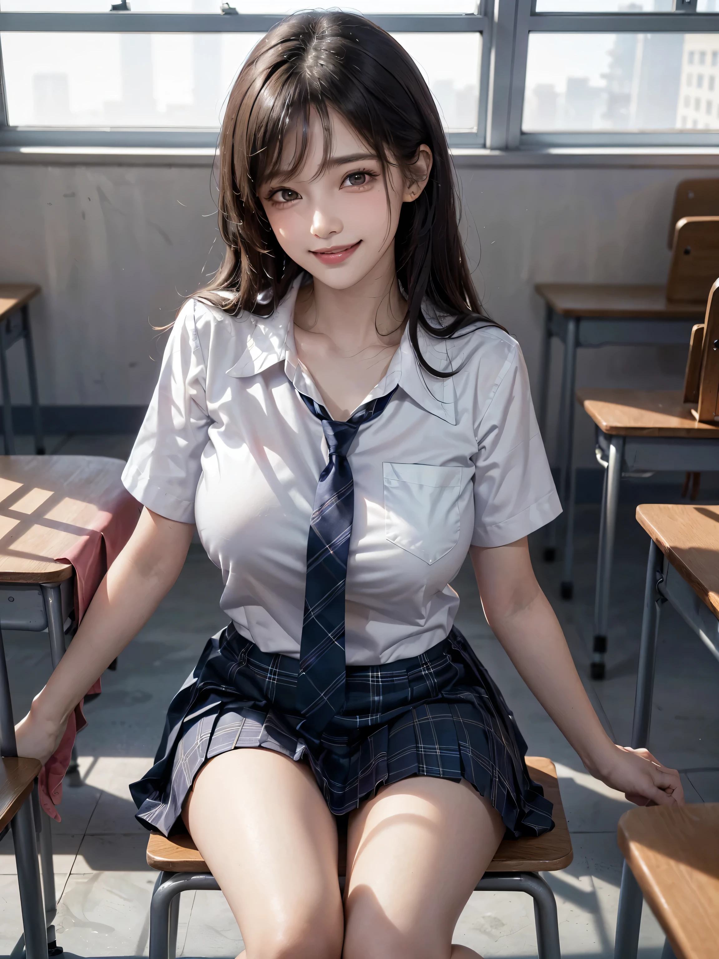 (masterpiece:1.3, Highest quality, Ultra-high resolution, Super detailed), (Realistic, photoRealistic:1.4), Perfect lighting, Natural light, colorful, Depth of written boundary, Browsing Caution, Surrealism, Front view,Beautiful detailed hair, Beautifully detailed face, Beautiful fine details, Beautiful clavicle, Beautiful body, thin脚,Beautiful feet, Beautiful breasts,Beautiful Hands, thin, 1 girl, Perfect Face, Long eyelashes,Perfect Anatomy, Supermodel with a long neck,((Skinny1.2)),looking at the camera,(Perfect Anatomy,Highly detailed skin), Shiny skin,((beautiful girl:1.1)),(( large breasts:1.3)), (((Happy smile:1.1)),(Mid-length hair:1.4, Wavy Hair:1.2, Black Hair) ,hair over one eye, Dainty facial structure,photo shoot, Sharp focus, Face Light,((school uniform, navy skirt in plaid skirt)),((school uniform, short sleeve shirt:1.2)), ((school uniform, tie)),((sitting on desk)),((knee up)),from side,A typical Japanese school classroom with rows of wooden desks and chairs neatly arranged. The front of the classroom features a large blackboard with chalk writings, and a teacher's desk with books and teaching materials. Bright natural light streams in through large windows on one side of the room, offering a view of a schoolyard or greenery outside. The classroom has a clean, organized, and studious atmosphere with posters and educational charts adorning the walls

