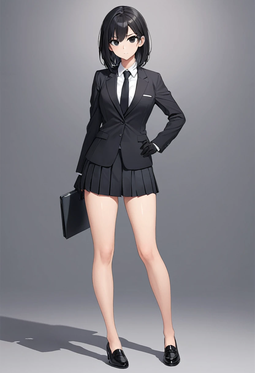 Black miniskirt , pleated skirt , thighs , bare legs , black hair , black eyes , Black gloves , black shoes , shorts blazer , dress shirt , business attire , black long tie , face , standing posture