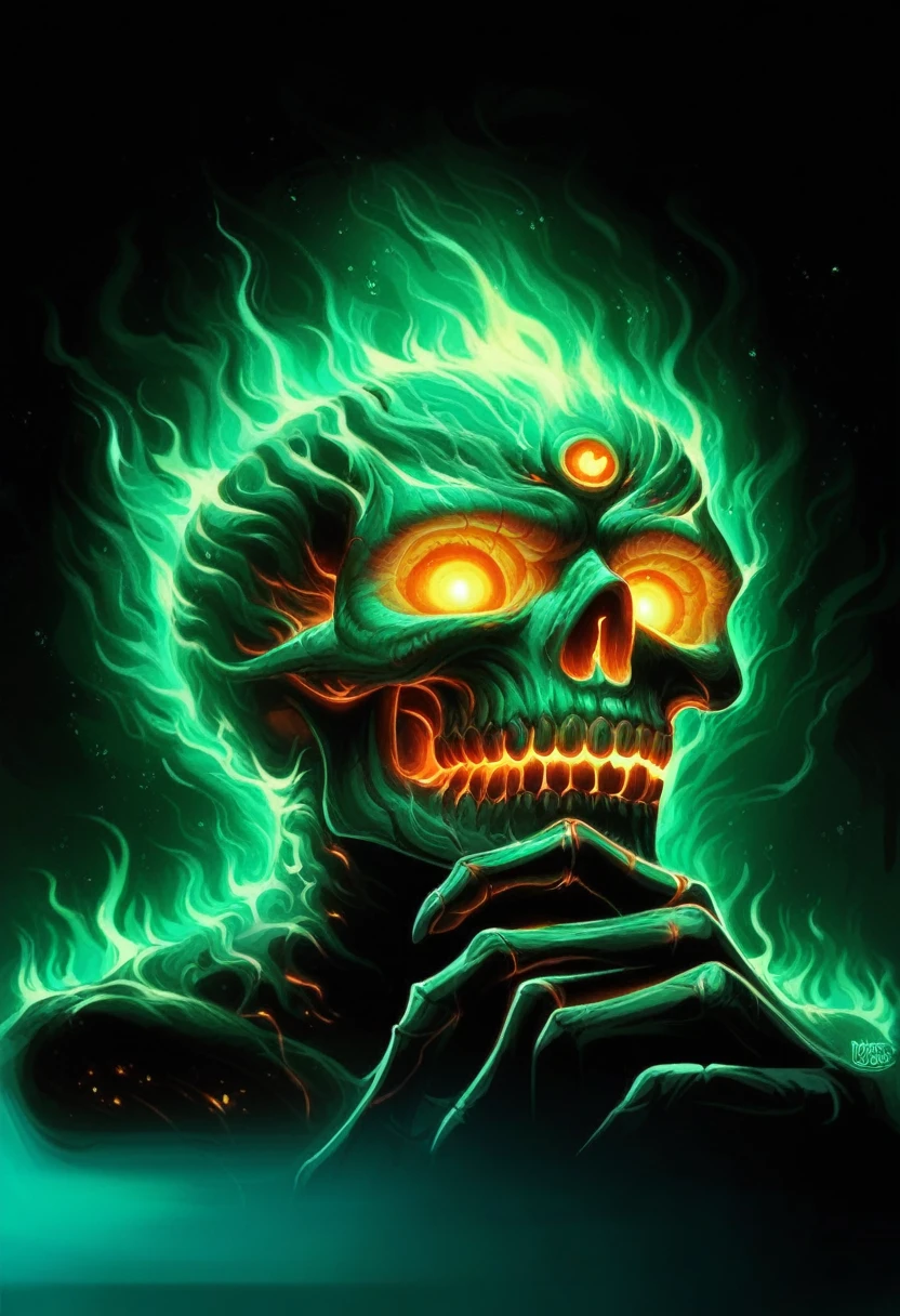 a green and black image of a glowing skull with glowing eyes, fiery skull contemplating life, dan mumford and alex grey style, detailed glowing head, flaming skull, fantasy skull, green fire, psytrance artwork, vecna from stranger things, dmt ego of death, glowing bones, horrific digital art, ancient neon monster portrait, in the style dan mumford artwork