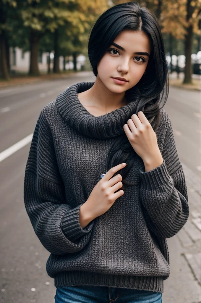 Create an 18 year old girl with a height of 1,60 meters with black hair and a big sweater and a little careless