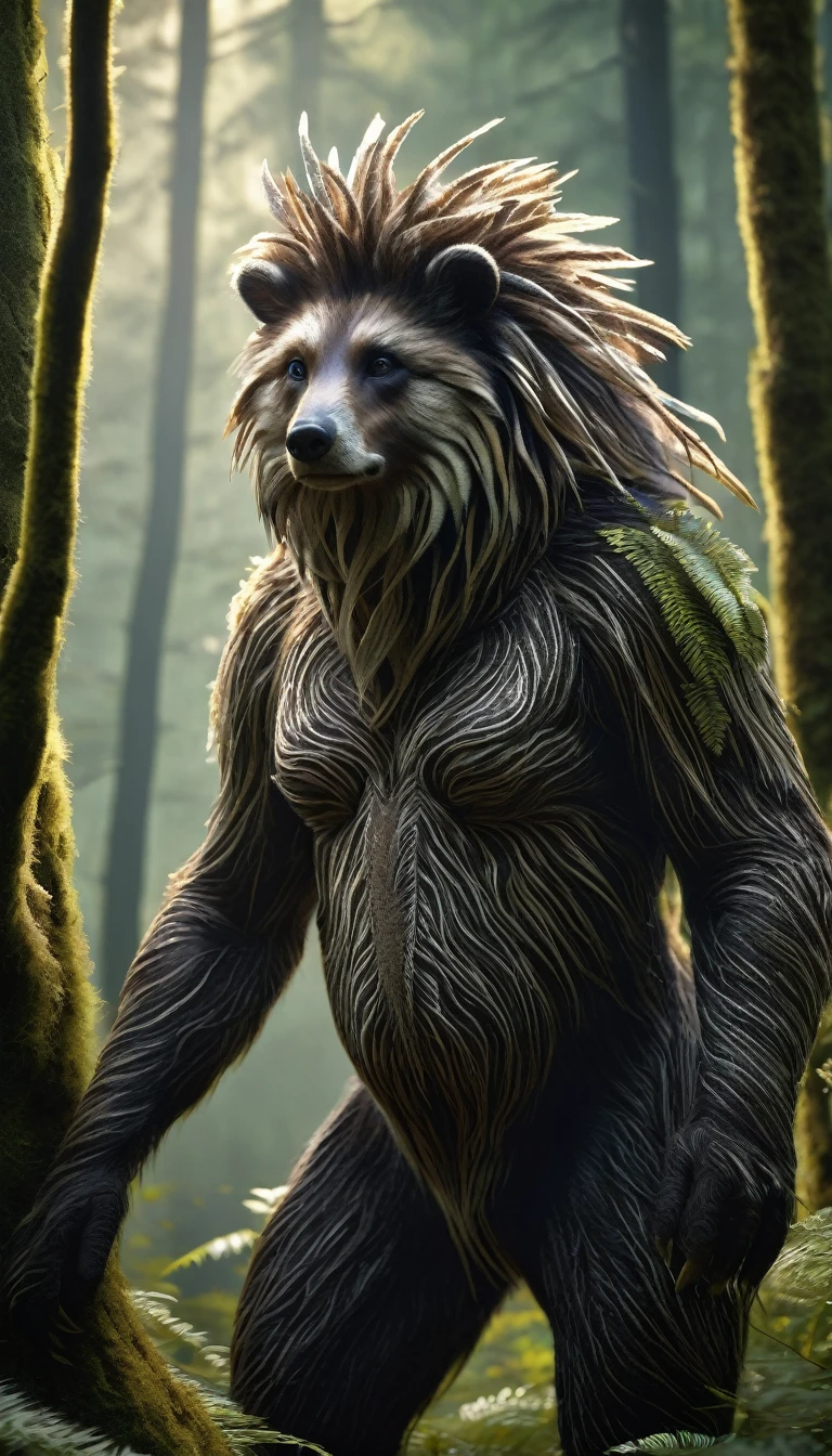 There is a creature in the forest,Human-like appearance,The whole body is covered with animal hair(best quality,4K,8K,High level,masterpiece:1.2),Ultra Detailed,(lifelike,Photo real,Photo real:1.37),Highly detailed animals,Complex patterns,Realistic lighting,Fantasy Creatures