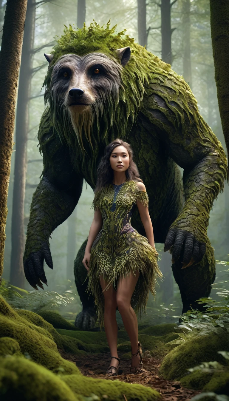 There is a creature in the forest,Human-like appearance,The whole body is covered with animal hair(best quality,4K,8K,High level,masterpiece:1.2),Ultra Detailed,(lifelike,Photo real,Photo real:1.37),Highly detailed animals,Complex patterns,Realistic lighting,Fantasy Creatures